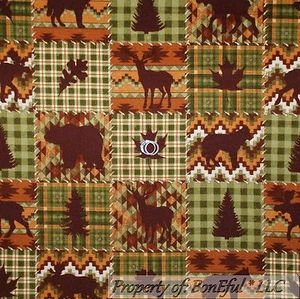 BonEful Fabric FQ Flannel Cotton Quilt VTG Brown Green Leaf Deer Bear Moose Tree - Picture 1 of 12