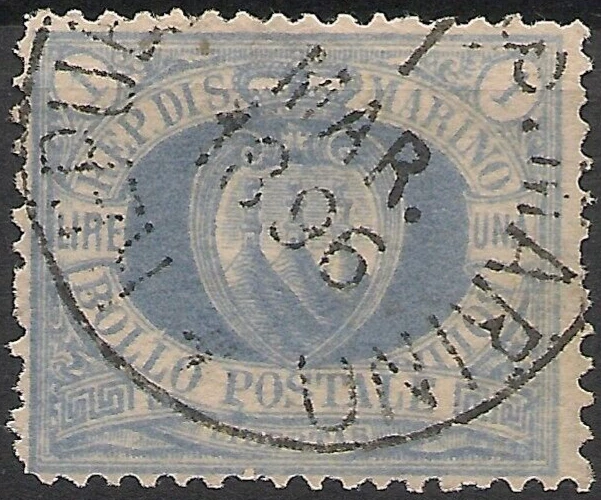 Gibones ultramarinos pálidos San Marino 1894 1 lira #37 usados finos Foto 1 de 1