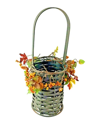 Rustic Metal Basket Stationary Handle Leaf and Berry Accents Fall Decor - Image 1 of 4