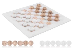 Marble Checkers Board Game 15 Inch White & Travertine Travel Chess Set for Ad... - Picture 1 of 7