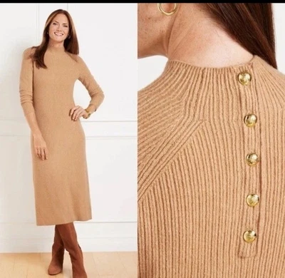 NEW Talbots Women Camel Beige Ribbed Knit Mock Neck Midi Dress Sz L Petite - Image 1 of 4