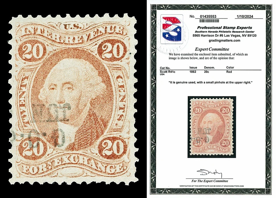 Scott R41c 1862 20c Foreign Exchange Revenue Used XF Cat $80 with PSE CERT - Image 1 of 1