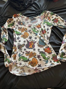 Betsey Johnson Mark Mahoney Vintage Tattoo Print Top M - Picture 1 of 4