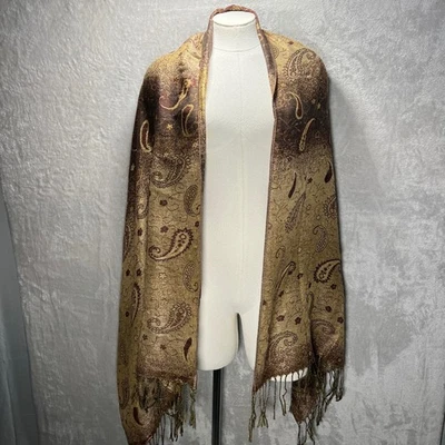 Pashmina Cashmere Blend Paisley Shawl Wrap Scarf Reversible Fringe 68x27 India - Image 1 of 4