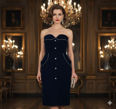 Vestido de cóctel vintage años 80 Victor Costa azul marino terciopelo cristal ribete sin tirantes talla 6 Foto 1 de 4