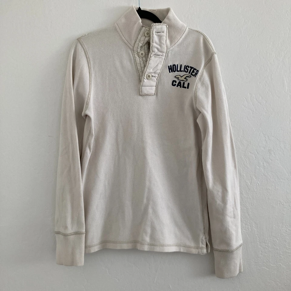 Camisa Polo Henley Hollister Vintage Crema Bordado Logo Y2K Preppy Para Hombres Pequeña Foto 1 de 4