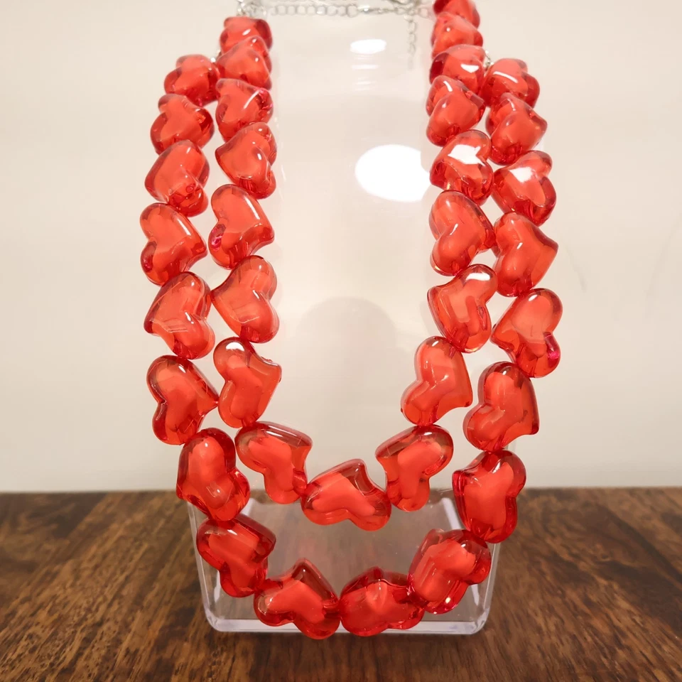 Red hearts jewelry set 2 necklaces Lucite beads romantic silvertone adjustable - Image 1 of 4