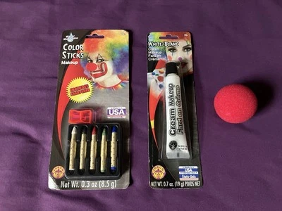 NEW 3 Piece Lot Clown Makeup And Nose White Cream Makeup Color Sticks Foam Nose - Image 1 of 4