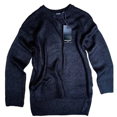 Nuevo XS Vegano Negro Tejido Alto-Bajo Suéter Manga Larga Ligero Crew Acrílico Foto 1 de 2