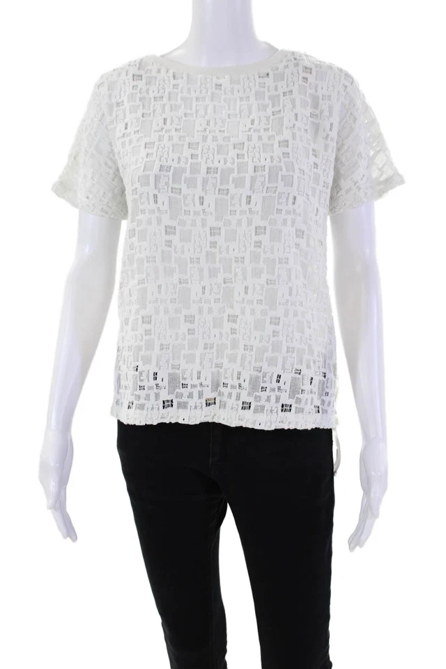 Camiseta básica de encaje de manga corta con cuello redondo blanca talla XS Vince para mujer Foto 1 de 4