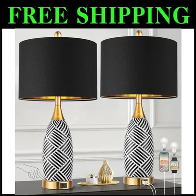 Modernas lámparas de mesa regulables de 3 vías a rayas blancas y negras con puertos de carga Foto 1 de 4