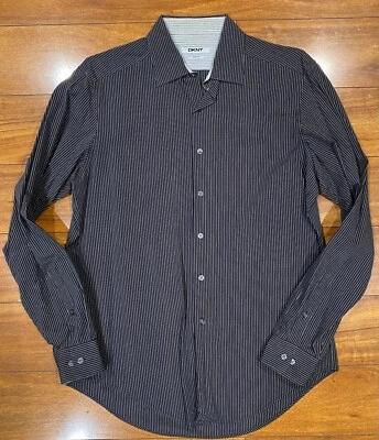 L (16 34/35) DKNY Black on Gray Stripe Slim Fit Button Down - Image 1 of 4