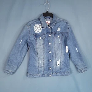 Justice Girls Youth Teens Button Front Denim Jacket Distressed Blue Size 14/16 - Picture 1 of 10