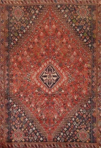 Vintage Geometric Abadeh Red Area Rug 5x8 ft. Hand-Knotted Wool for Bedroom - Picture 1 of 12