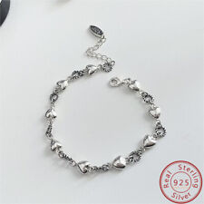 Solid 925 Sterling Silver Heart Round Link Chain Bracelet Women Retro Jewelry
