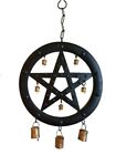 9.5" Black Brass Pentagram Wind Chime Tin Bells Wicca Pagan Hanging Home Decor