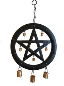 9.5" Black Brass Pentagram Wind Chime Tin Bells Wicca Pagan Hanging Home Decor - Picture 1 of 1