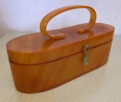 50 年代 MCM 复古 Maxim Lucite 盒钱包 Butterscotch 琥珀塑料长方形椭圆形 — 第 1/4 张图片