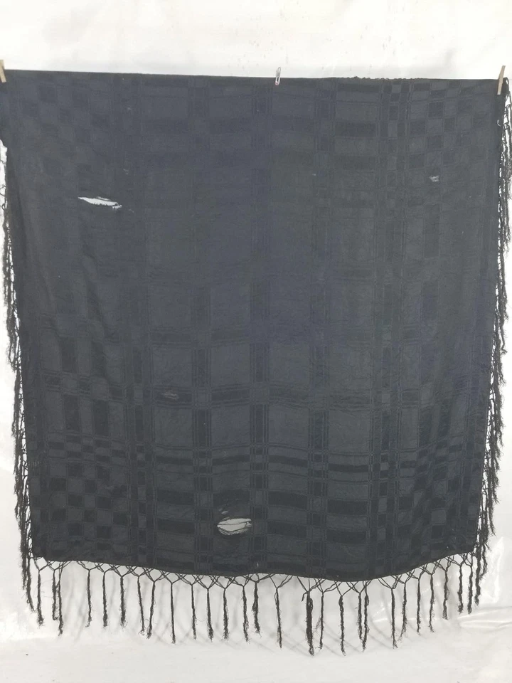 Antique 19thC Chinese Geometric Black Piano Shawl With Fringe 153x153cm - Image 1 of 4