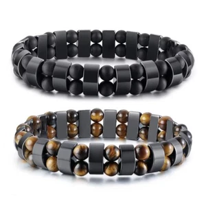 Double Hematite Tiger's Eye Bracelets Men Tiger Eye & Hematite Charm Bracelets  - Picture 1 of 10