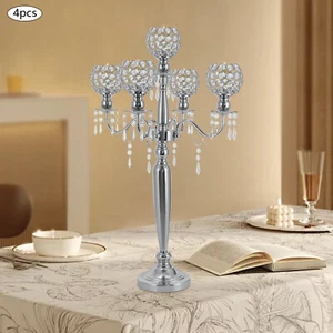4 Pcs 5 Arm Crystal Candelabra Centerpieces Silver Candle Holder Freestanding - Picture 1 of 16