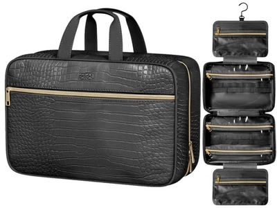 Amplia bolsa de baño de cuero para artículos de tocador - Bolsa de artículos de tocador de viaje colgante para mujer... Foto 1 de 4