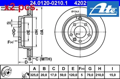 X2 PCS REAR BRAKE DISC SET LEFT & RIGHT 24.0120-0210.1 ATE I - Image 1 of 3
