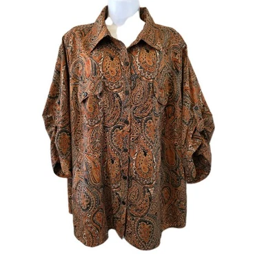 Top Notations Mujer Plus 3X Naranja Marrón Paisley Botón Frontal Mediados de Siglo Estilo Foto 1 de 4