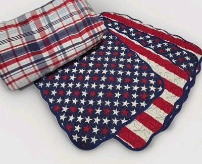Tablecloth & 4 Placemats Celebrate Americana Plaid 56×90" 4th July USA Picnic - Image 1 of 4