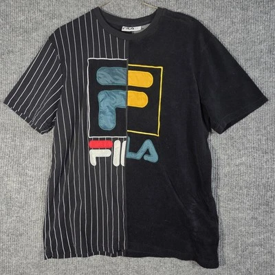 Camisa Fila Para Hombres XL Negra Rayas Retazos Bordado Logo Camiseta Ropa de Calle Foto 1 de 4