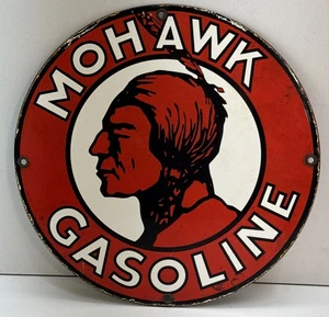 INSEGNA PORCELLANA BENZINA MOHAWK VINTAGE STAZIONE DI SERVIZIO POMPA PIASTRA SERVIZIO OLIO MOTORE - Foto 1 di 5