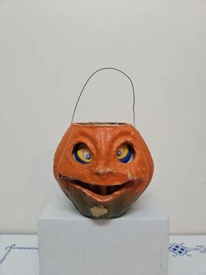 🎃 HALLOWEEN 👻 Paper Mache/Pulp Vintage JACK-O-LANTERN  Pumpkin With INSERT - Image 1 of 4