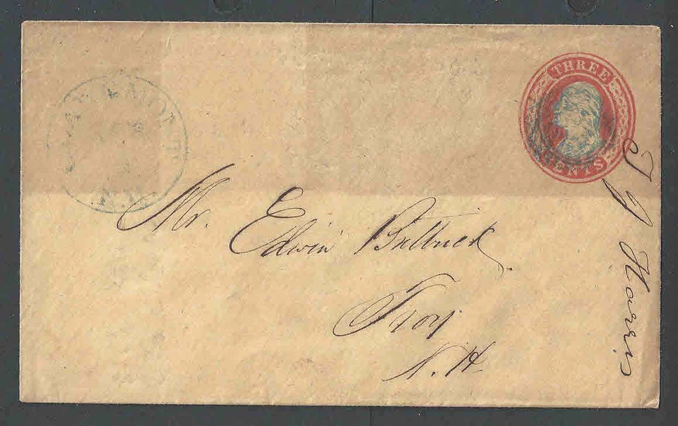 1853 U10 Used Entire 3c Red On Buff Die 5 Working Die Type 15 Blue Cancel - Image 1 of 1