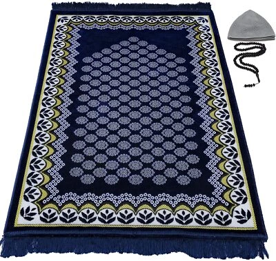 Modefa Thin Velvet Prayer Rug Sajadah Janamaz Floral Daisy Arch - Navy Blue - Image 1 of 4