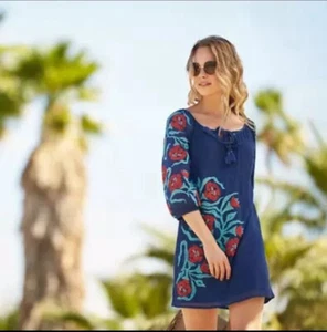 $348 Trina Turk Blue Red Embroidered Bohemian Cotton Shift Dress 0 NEW - Picture 1 of 5