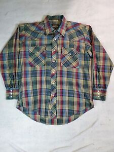 Vintage Outlaw Western Wear Long Sleeve Pearl Snap Plaid Pocket Shirt Mens Sz Lg