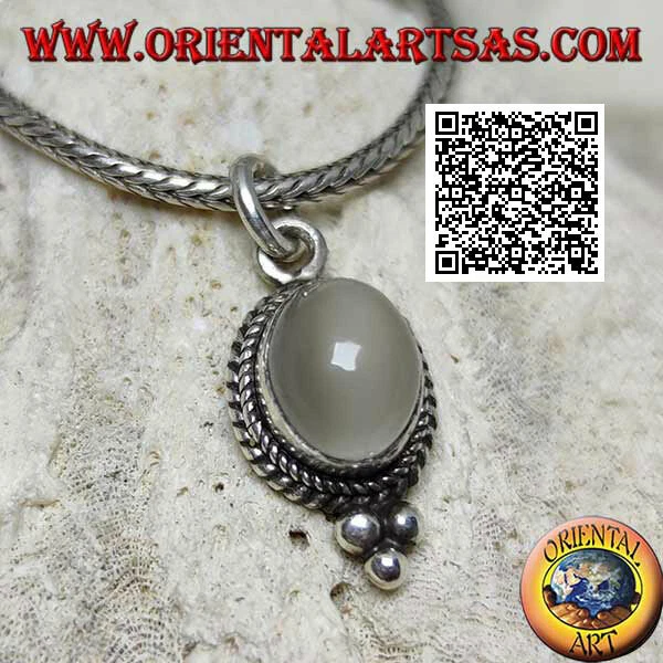 Ciondolo in argento 925‰ pietra di luna ovale con intreccio e tre palline sotto - Immagine 1 di 1