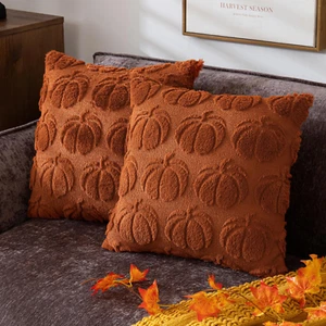 Pumpkin Fall Decorative Throw Pillow Covers 18"X18", Set of 2 Rust Red Soft Faux - Picture 1 of 12