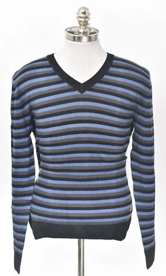 NUEVO CON ETIQUETAS COLECCIÓN VERSACE Pullover Negro Rayas Lana Algodón Cuello en V Suéter L Foto 1 de 4