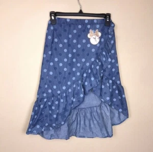Disney Minnie Mouse Girls’ Chambray Blue Polka Dot Faux Wrap Hi-Low Skirt Sz 10 - Picture 1 of 6