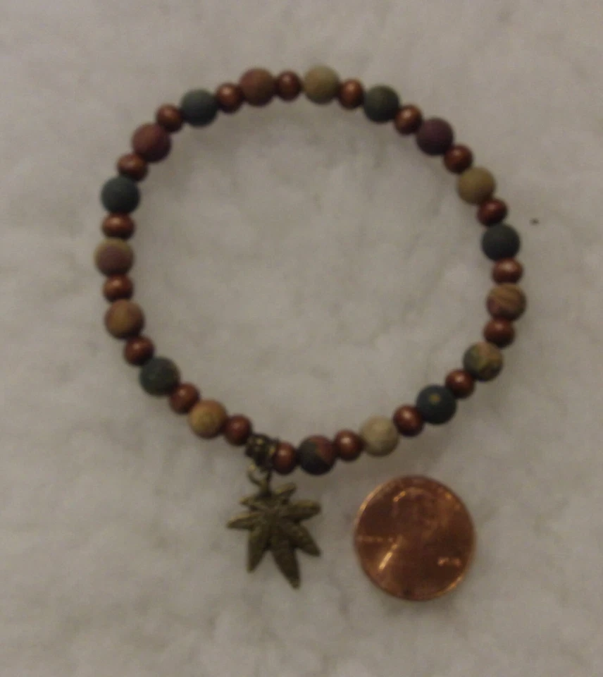 Antique Bronze Cannabis Charm Bracelet w/Frosted Picasso Jasper & Wood Beads NEW - Image 1 of 4