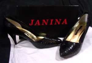 VINTAGE JANINA -'ALICE' BLACK SNAKE LEATHER HEEL PUMPS SHOES SIZE 9B HONG KONG - Picture 1 of 18