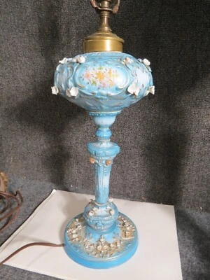 antique Porcelain Oil Lamp Floral decoration with figural cherub heads - Image 1 of 4