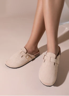New Women Beige Faux Suede Low Platform Buckle Clog Mule Slipper. EU 36-41 — 第 1/4 张图片