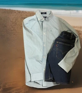 LOT 2 Boys Medium 10 12 IZOD Dress Shirt Blue Plaid LEVIS Jean Shorts 511 Slim - Picture 1 of 11