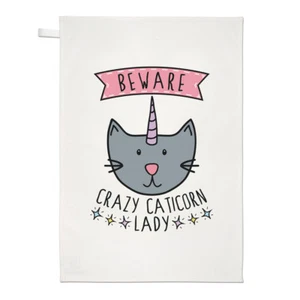 Beware Crazy Caticorn Lady Tea Towel Dish Cloth - Cat Unicorn Funny Animal Cute - Picture 1 of 1