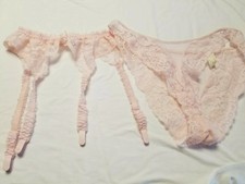 Vtg Victoria's Secret Pink Lace Garter Belt And Panties Set Med