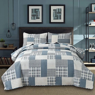 Blue White Plaid Quilts King Size Lightweight Patchwork Quilt Soft - Image 1 of 4