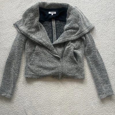 IRO Bessie 女式全拉链摩托车针织黑色/灰色夹克口袋,尺寸 42 16W — 第 1/4 张图片