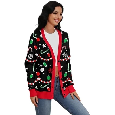 Cárdigan de Navidad Suéter Feo Para Mujer 2XL Negro Rojo Bastón de Caramelo Adornos Usado en Excelente Condición! Foto 1 de 4
